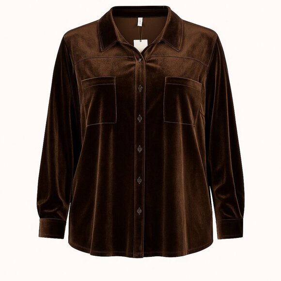 Cato Coffee Bean Velvet Button-Up Blouse – Size 26/28W – NWT - Picture 1 of 8